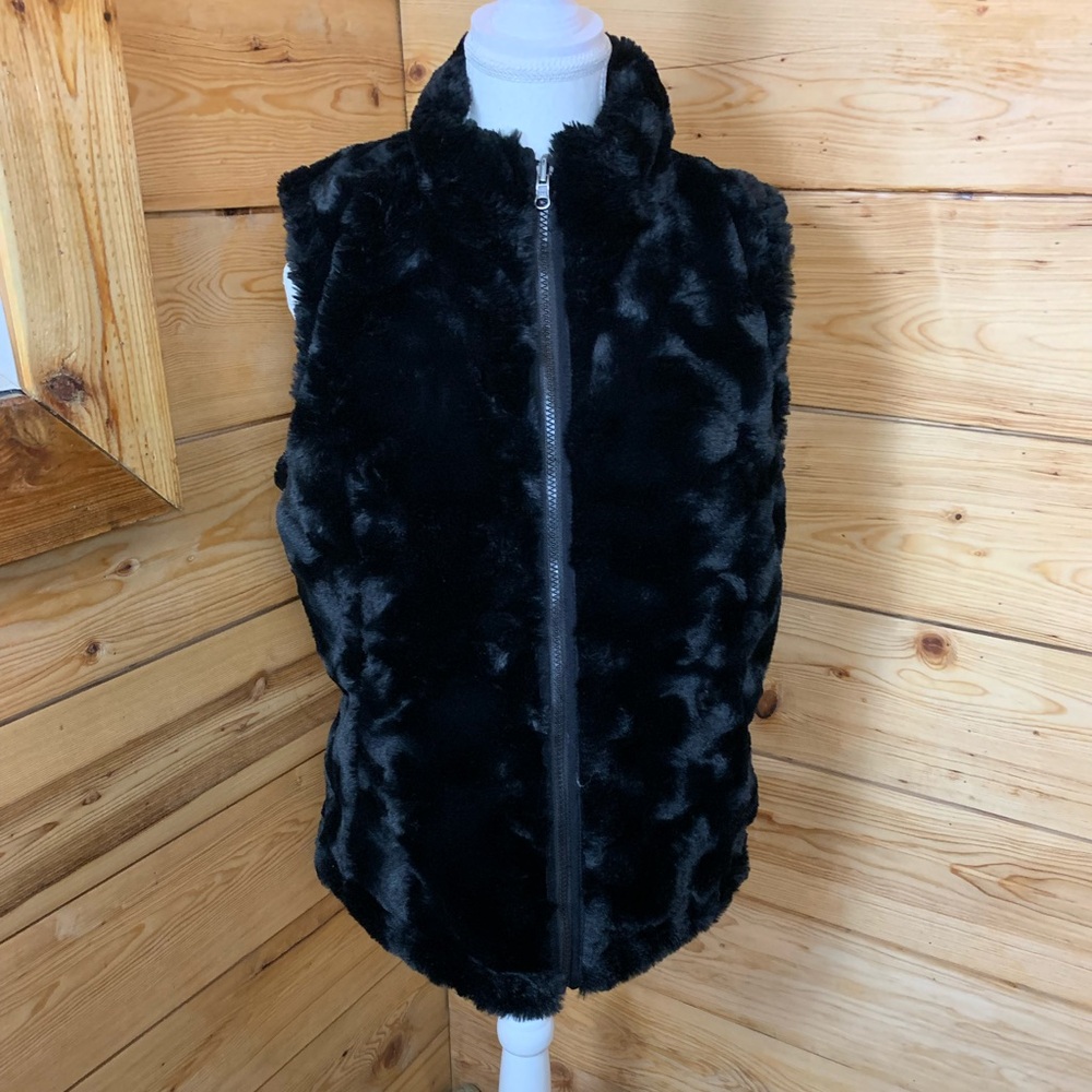 Reversible Black Faux Fur Puffer Vest Soft Plush Medium Women